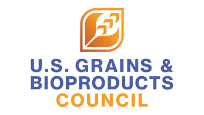 U.S. Grains & Bioproducts Council logo with orange feather icon and navy blue text