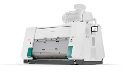 Industrial washing machine with white frame, gray drum, and teal accents, featuring control panel on right side