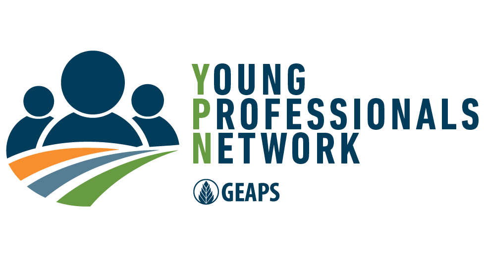 Young Professionals Network GEAPS logo with three figures and flowing ribbons in blue, orange, and green