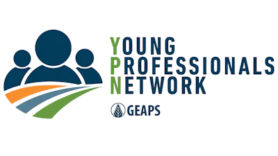 Young Professionals Network GEAPS logo with three figures and flowing ribbons in blue, orange, and green