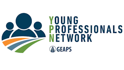 Young Professionals Network GEAPS logo with three figures and flowing ribbons in blue, orange, and green
